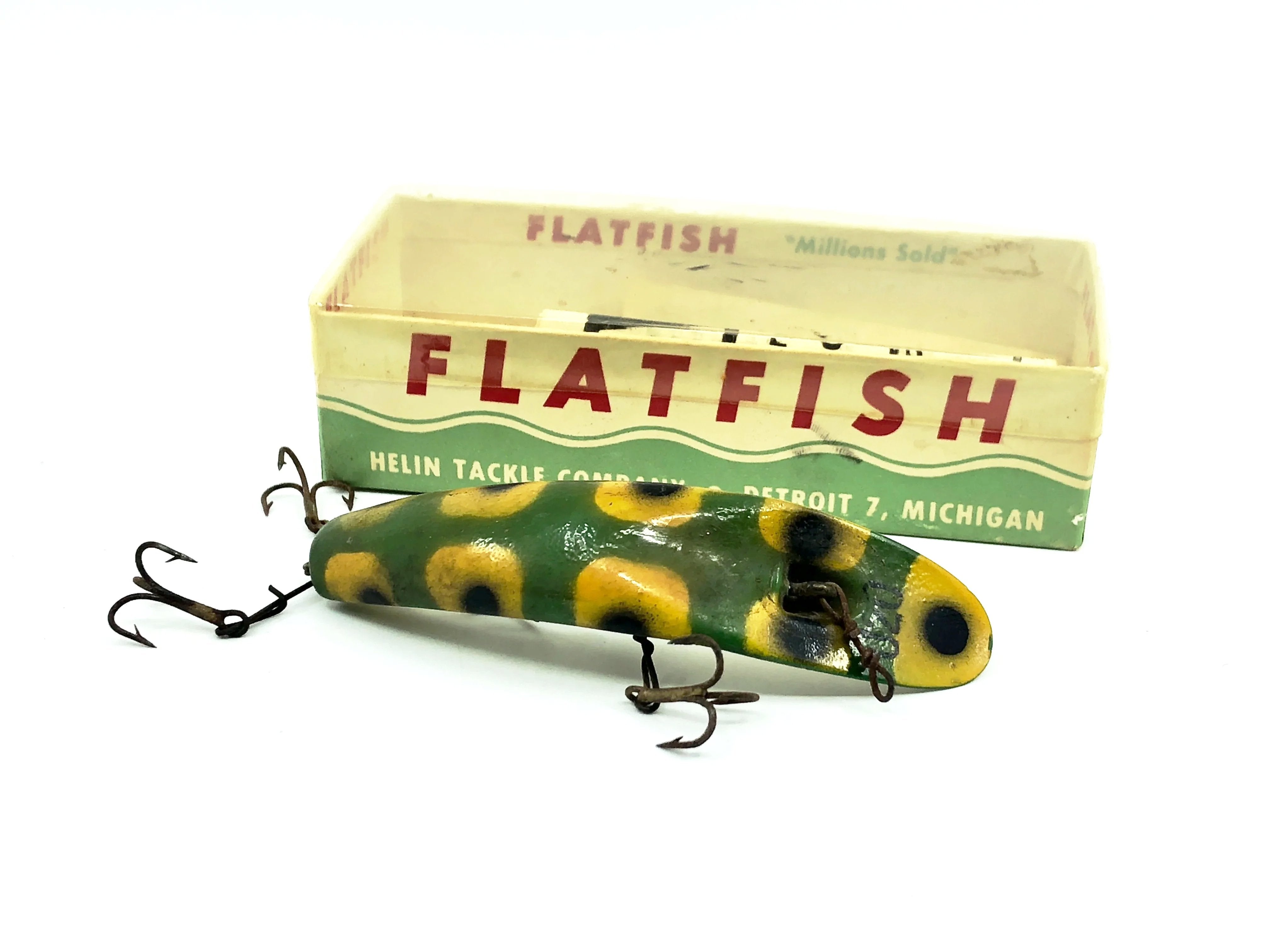 2 Vintage Flatfish Fishing lures with 1 box and Order Blank Helin Tackle  Detroit