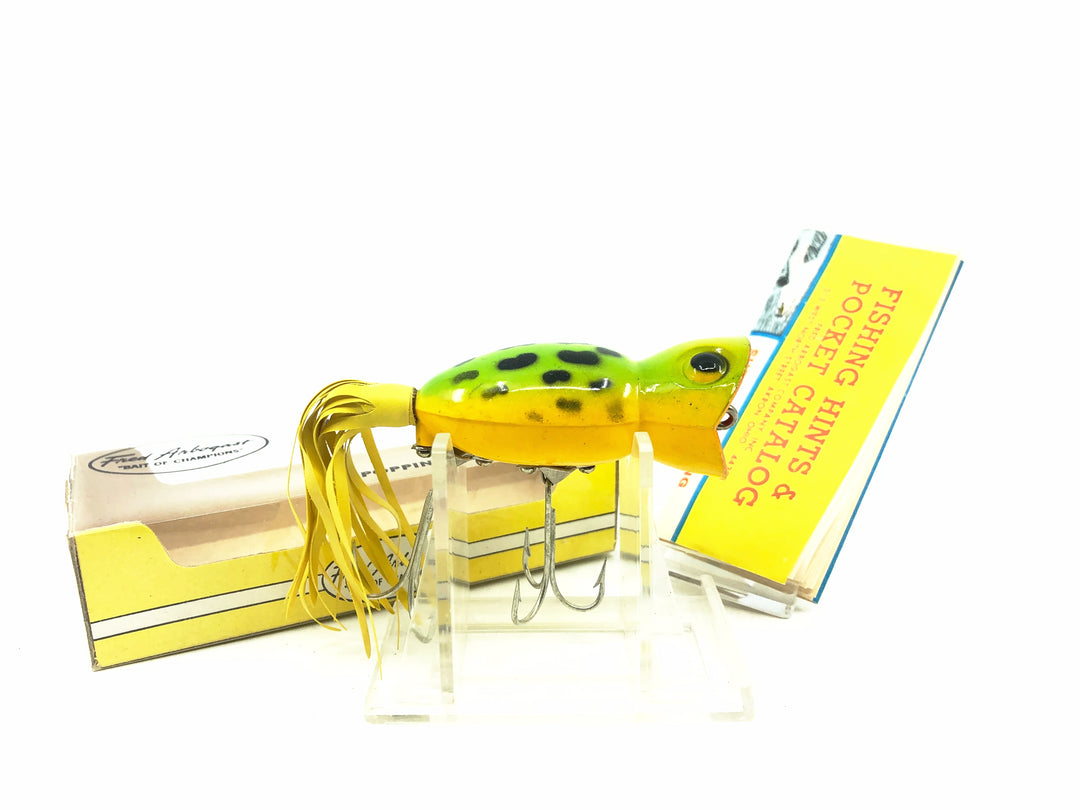 Arbogast Hula Popper 750, #07 Frog/Yellow Belly Color with Box - Side Stencil