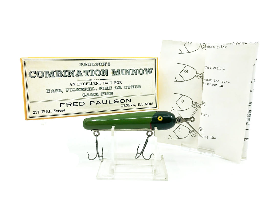 Paulson's Combination Minnow Rare Green Body Dark Green Head Color w/Box & Paper - RARE!