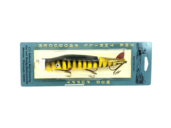 C.C. Robert's Mud Puppy River Surface Bait, Yellow/Black Ribs Color on Card