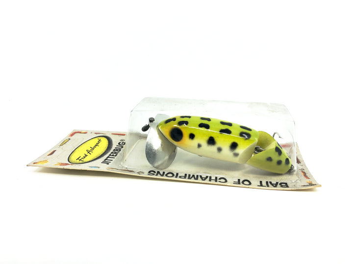 Arbogast Jointed Jitterbug, Frog/White Belly Color on Card