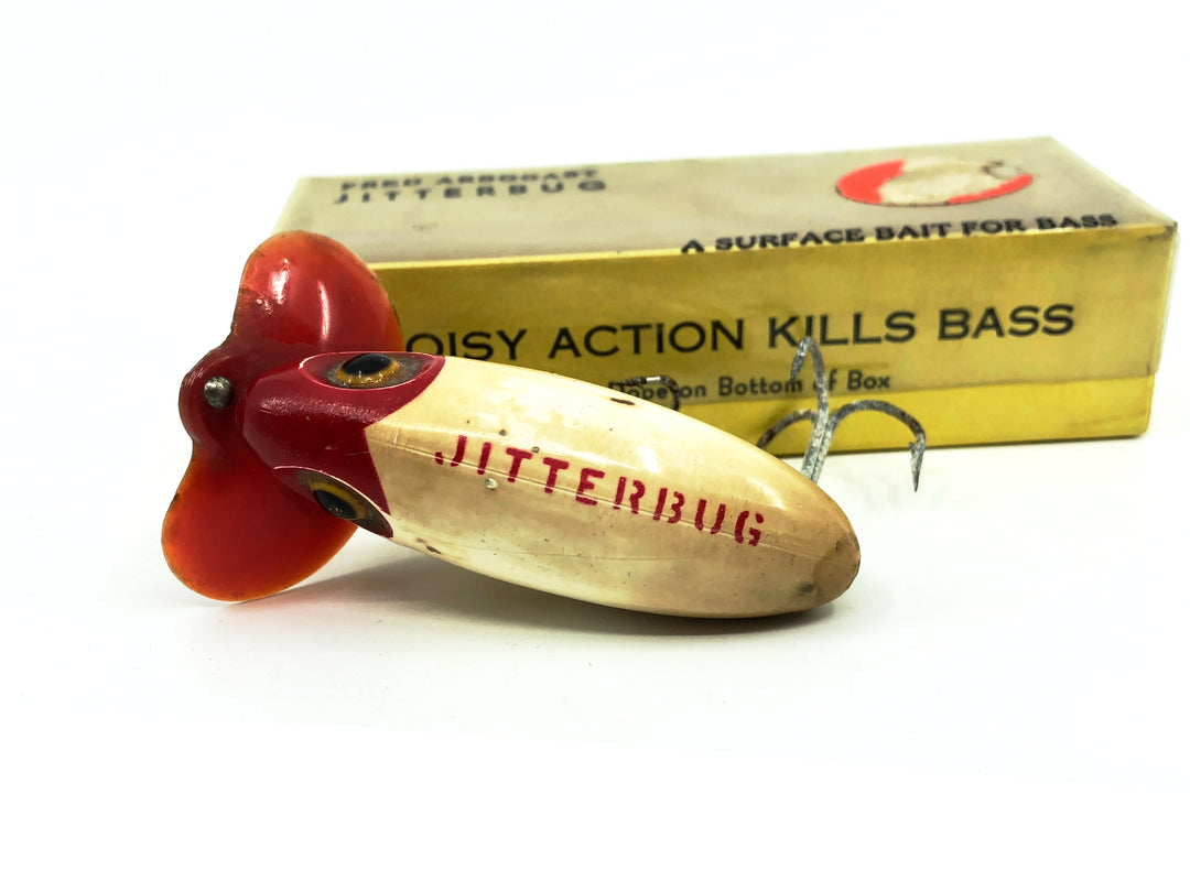 Arbogast Plastic Red Lip Jitterbug 1940's WWII Era, Red/White Color - War Bug!