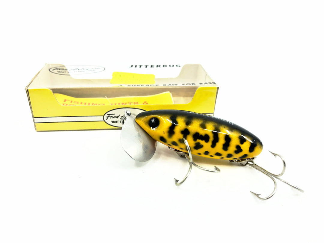 Arbogast Jitterbug 5/8oz, #11 Yellow Coachdog Color with Box, Bugged-Eyed Model