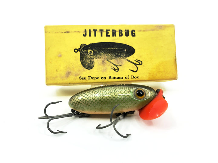 Arbogast Plastic Red Lip Jitterbug 1940's WWII Era, #26 Green Scale Color with Box - War Bug