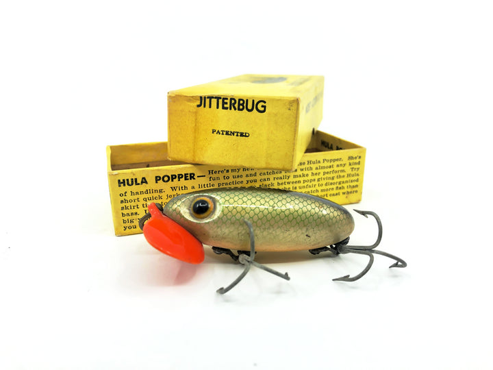 Arbogast Plastic Red Lip Jitterbug 1940's WWII Era, #26 Green Scale Color with Box - War Bug