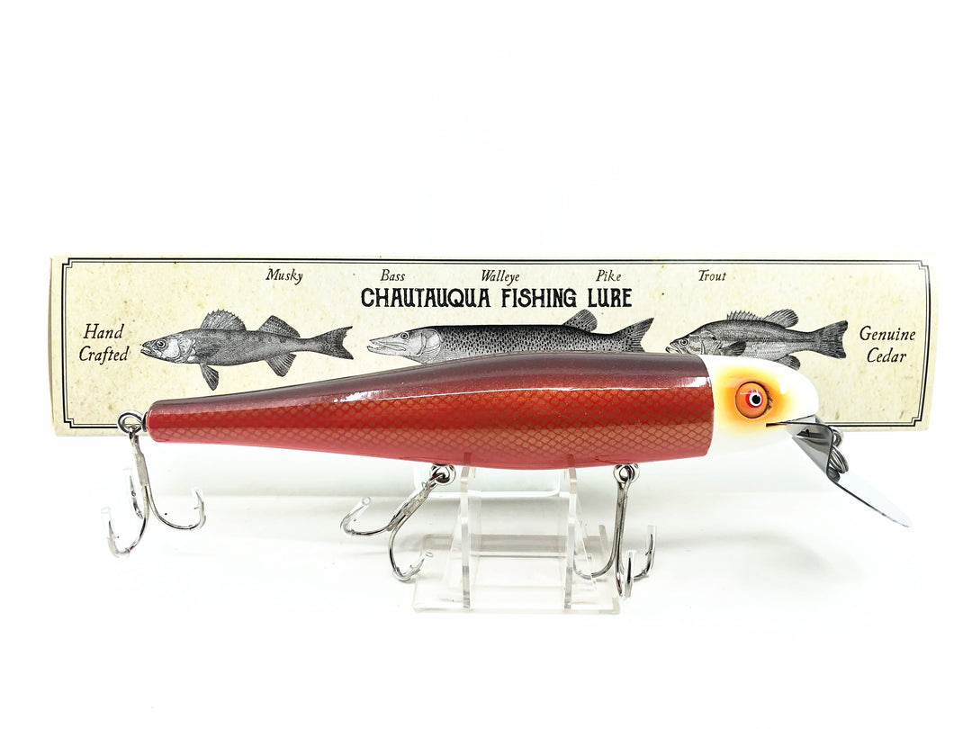 Solid Body Chautauqua 8" Minnow Musky Lure, Reverse Red & White Color