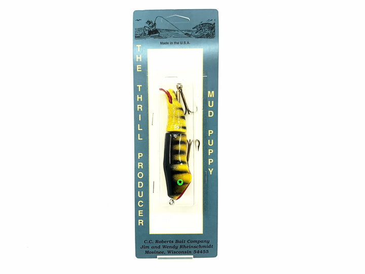 C.C. Robert's Mud Puppy River Surface Bait, Yellow/Black Ribs Color on Card