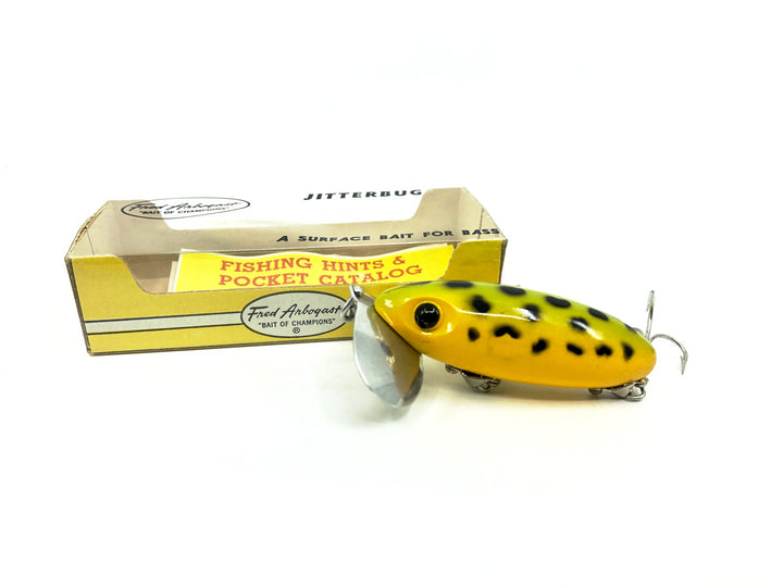 Arbogast Jitterbug 5/8oz, FY Frog/Yellow Belly Color with Box, Bugged-Eyed Model