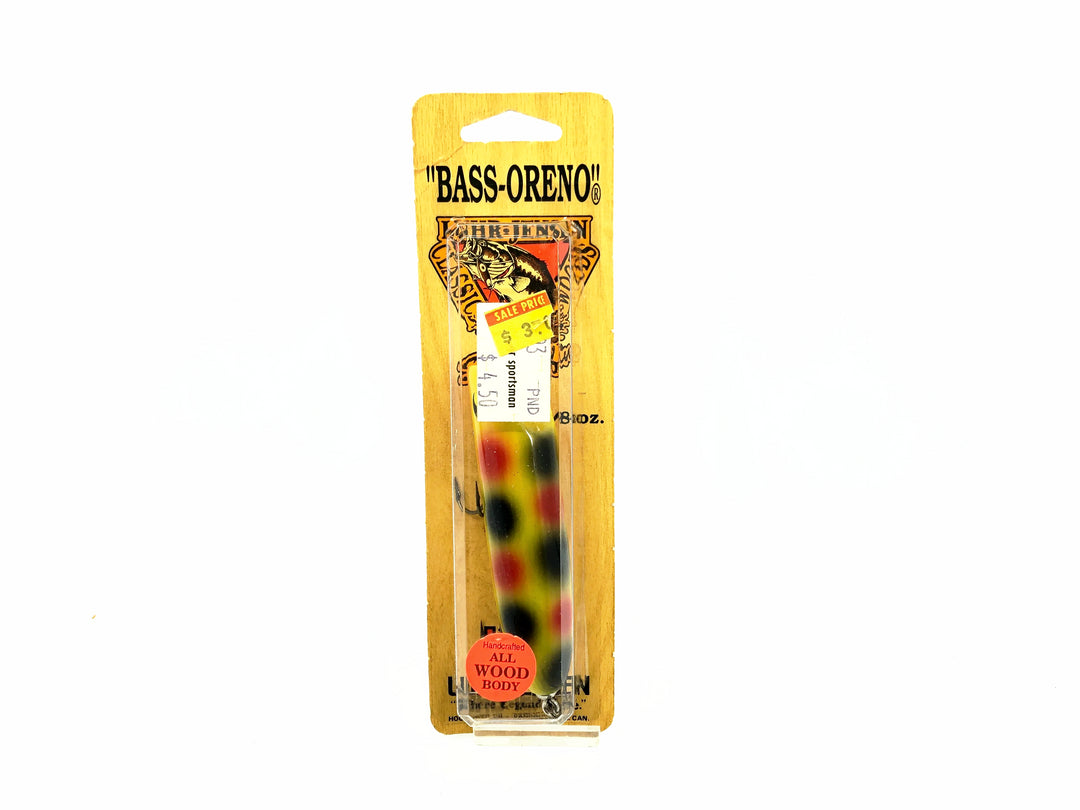 Luhr-Jensen South Bend Bass Oreno 973, Yellow/Black & Red Dots Color on Card