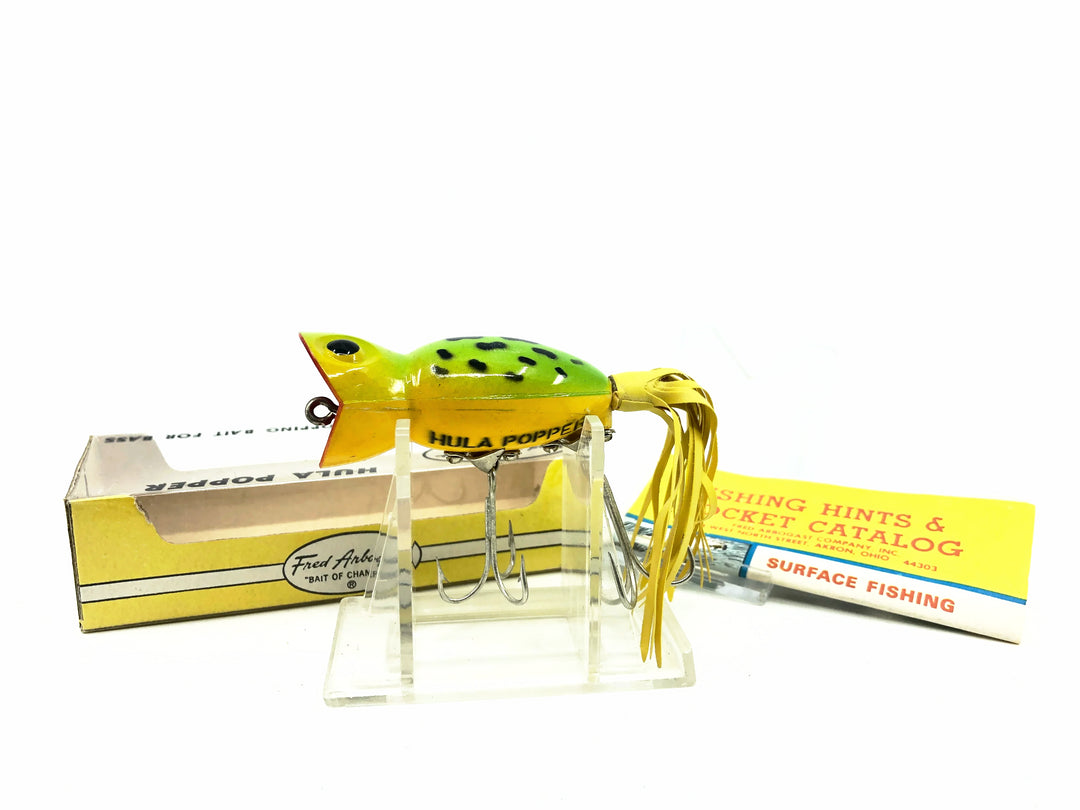 Arbogast Hula Popper 750, #07 Frog/Yellow Belly Color with Box - Side Stencil