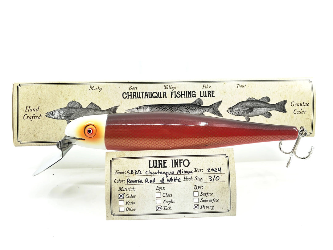 Solid Body Chautauqua 8" Minnow Musky Lure, Reverse Red & White Color