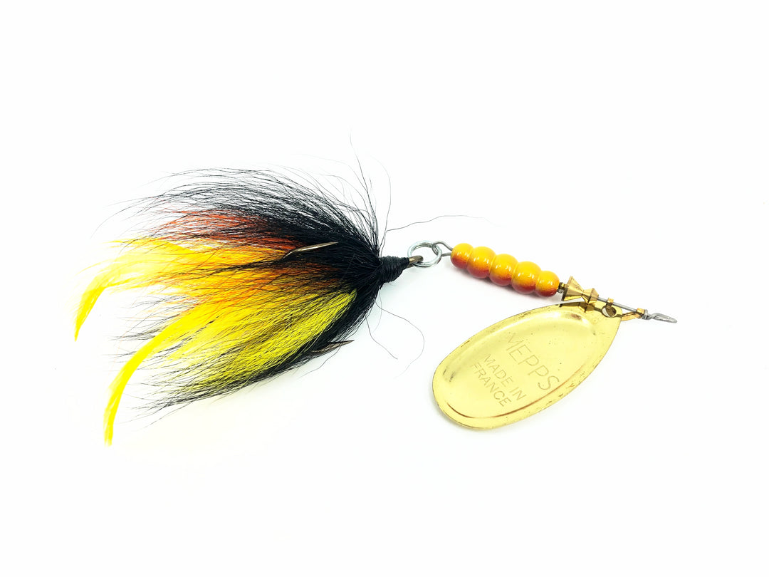 Mepps Magnum Musky Killer, Gold Blade/Black, Yellow & Orange Bucktail Color w/Box