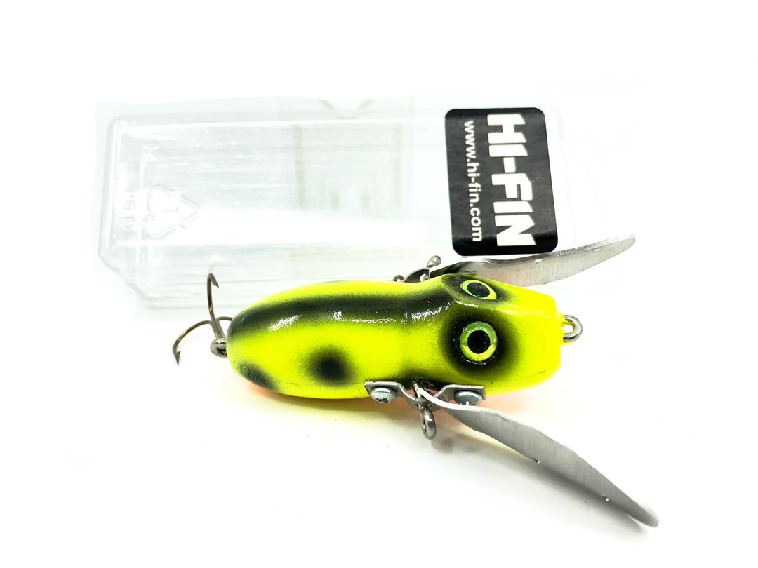 Hi-Fin Bass Creeper Lure, Chartreuse/Black Dots/Orange Belly Color in Box