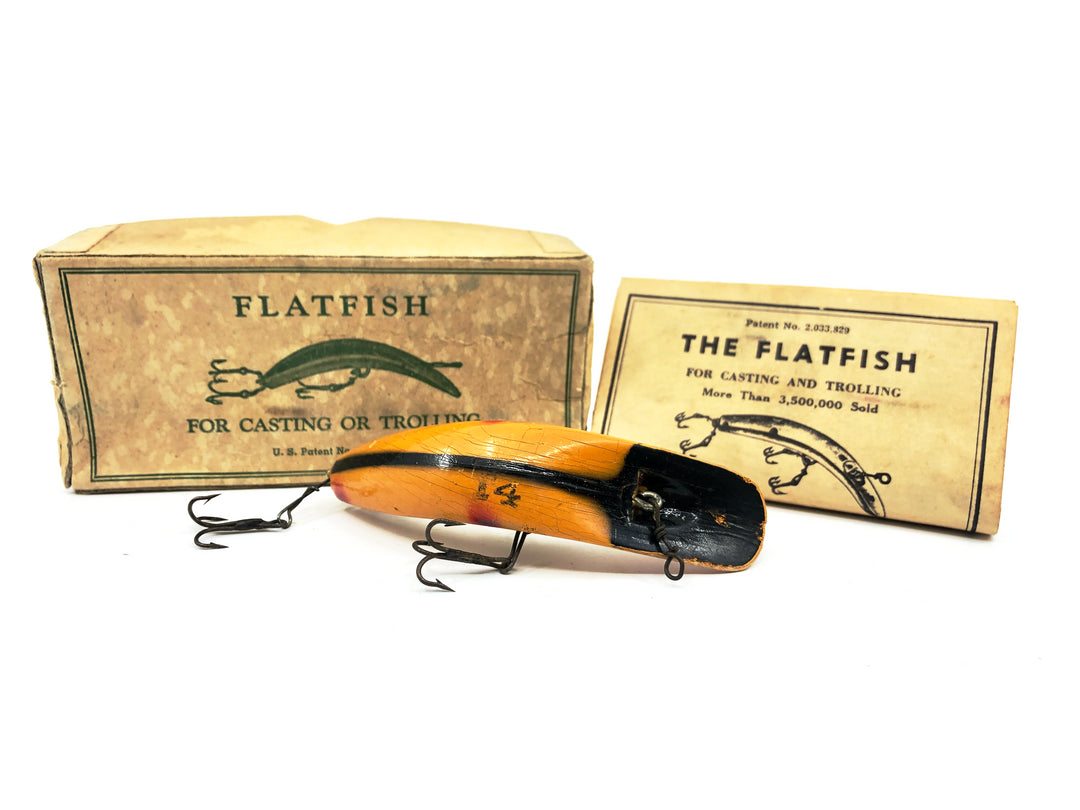 Vintage Helin Flatfish T4, OB Orange/Black Stripe/Red Tip Color with Box - 1947/1948