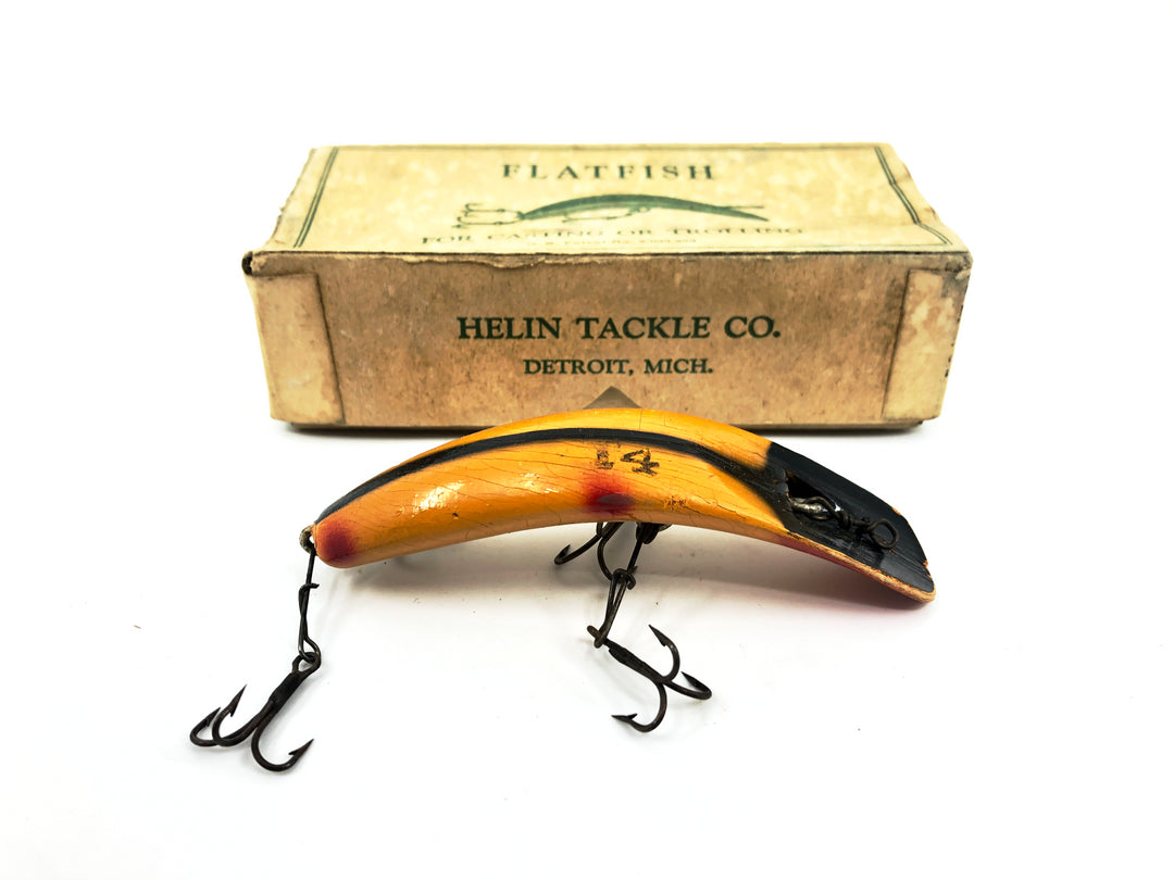 Vintage Helin Flatfish T4, OB Orange/Black Stripe/Red Tip Color with Box - 1947/1948