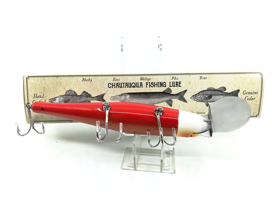 Solid Body Chautauqua 8" Minnow Musky Lure, Reverse Red & White Color