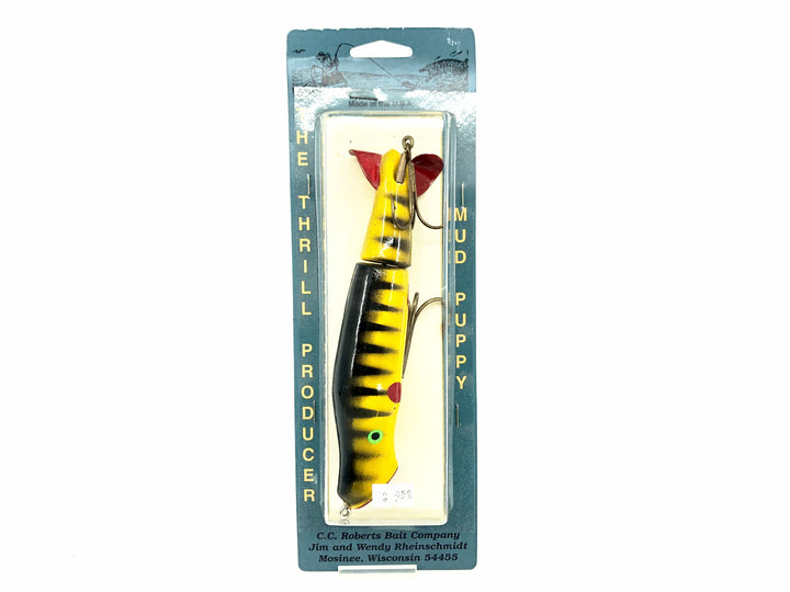 C.C. Robert's Mud Puppy River Surface Bait, Yellow/Black Ribs Color on Card