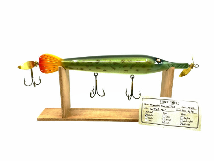 Chautauqua Wooden Magnum Weighted Gar with Tail Lure Spotted Gar Color with Spanish Cedar Lure Stand.