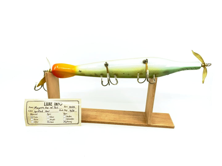 Chautauqua Wooden Magnum Weighted Gar with Tail Lure Spotted Gar Color with Spanish Cedar Lure Stand.