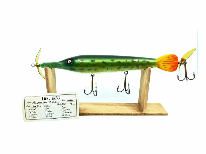 Chautauqua Wooden Magnum Weighted Gar with Tail Lure Spotted Gar Color with Spanish Cedar Lure Stand.