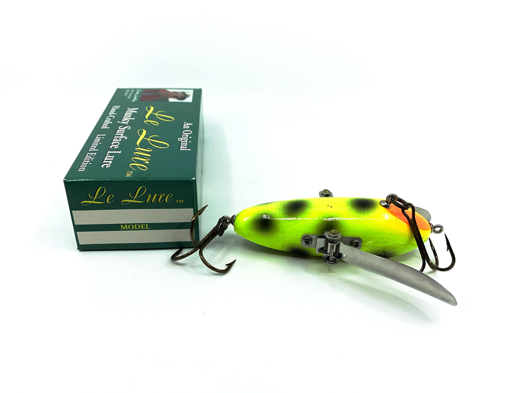 Le Lure Musky Surface Lure, Creeper Type Lure, Chartreuse Black Spots Color with Box