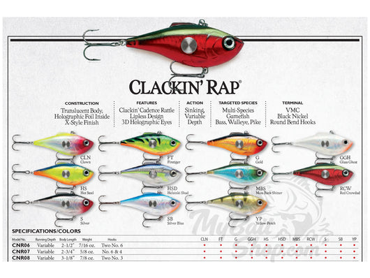 RAPALA CLACKIN RAP 08=LOT of 5 DIFFERENT COLORED FISHING LURES=DISCONTINUED