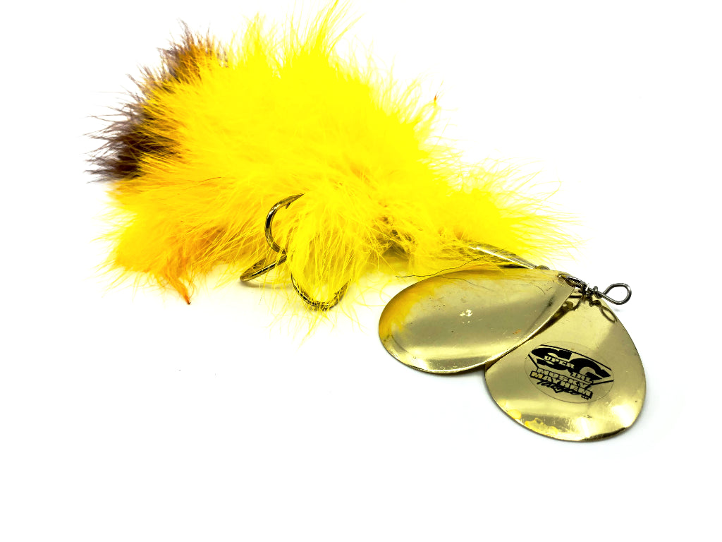 Musky Mayhem SuperGirl Tandem Musky Spinners Gold Blades Yellow Purple Hackle 10