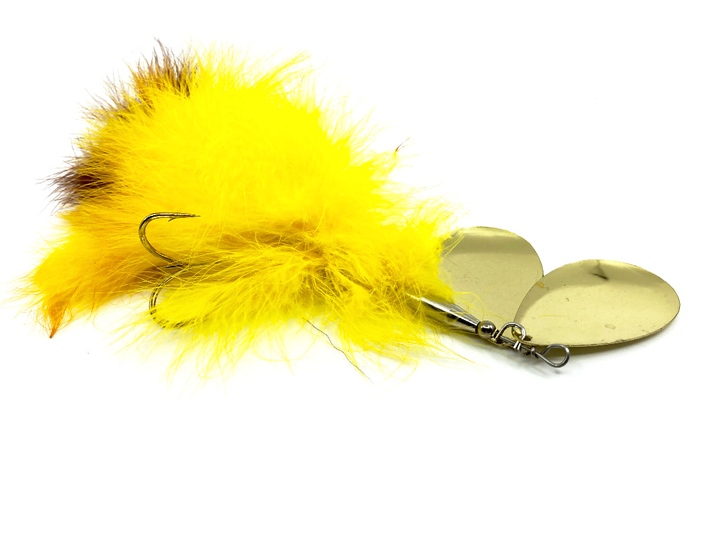 Musky Mayhem SuperGirl Tandem Musky Spinners Gold Blades Yellow Purple Hackle 10