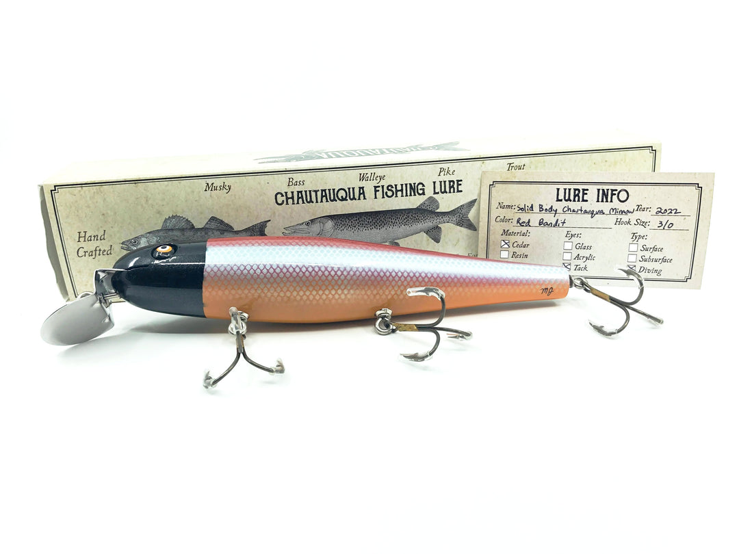 Solid Body Chautauqua 8" Minnow Musky Lure Red Bandit Color