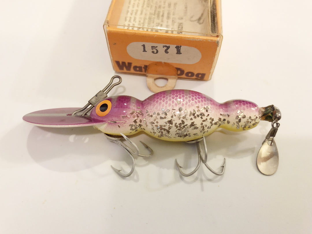 Bomber Water Dog 1571 Purple back/yellow belly/silver sparkle Wooden Lure NIB