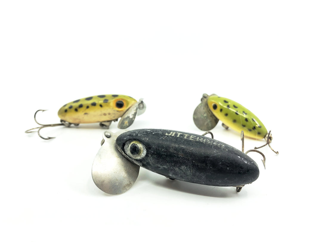 Three Arbogast Jitterbugs Frog/Black Colors