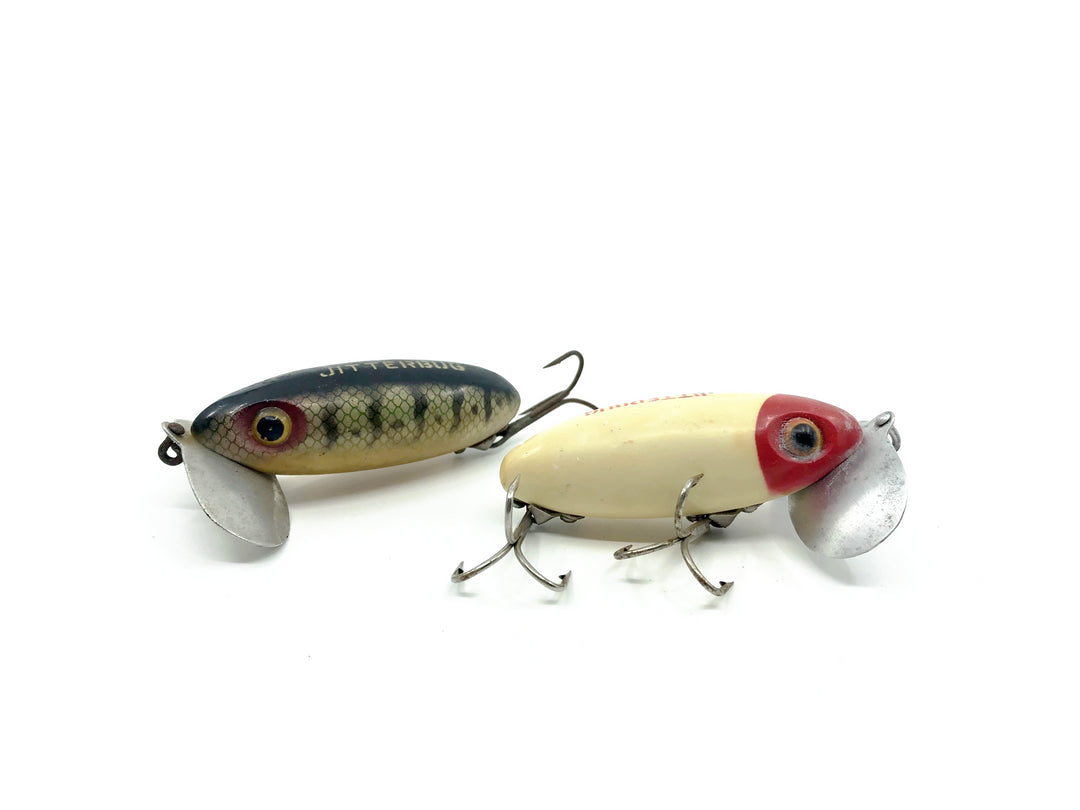 Two Arbogast Jitterbug Perch/Red White Colors